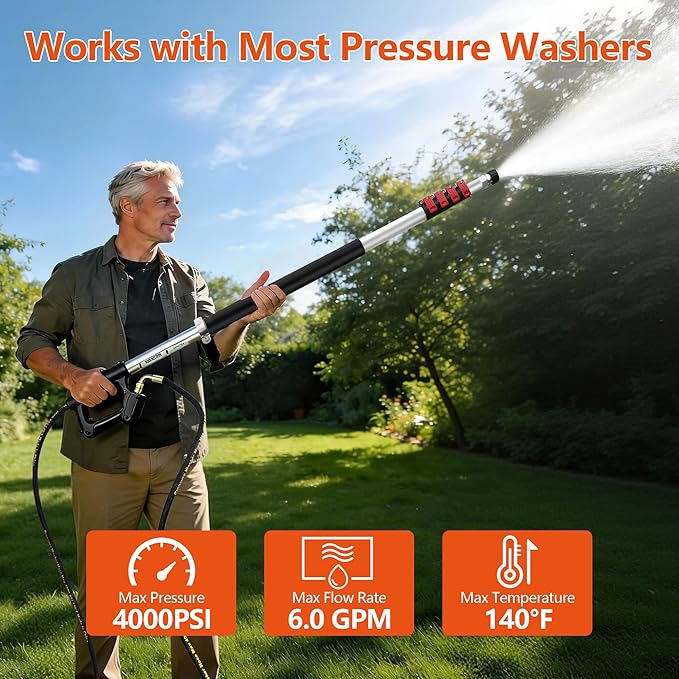 Telescoping Pressure Washer Wand 24 ft Power Washer Extension Wand Aluminum Pressure Washer Extension Wand 24 Feet with Brush Head, Gutter Cleaner, 7 Spray Nozzle Tips, 2 Hose Adapters, Support Belt