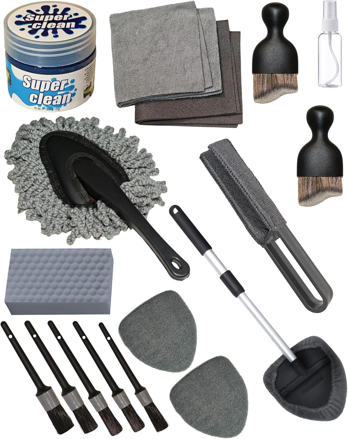 oesee 18Pcs Professional Car Interior Detailing Kit All-in-One Cleaning Tools for Windows, Dashboard, Vents, Windshield Cleaner Brush, Magic Sponge, Chamois Cloth, Detailing Brushes & Accessories