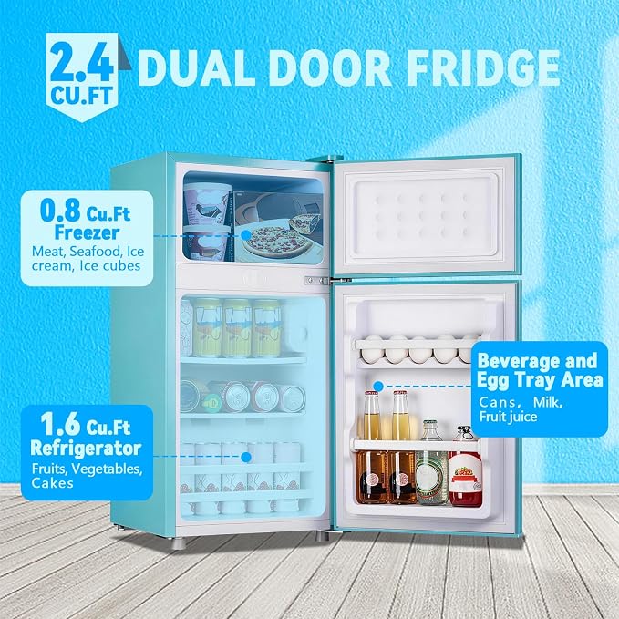 Mini Fridge with Freezer 2.4 Cu.ft Mini Refrigerator Double Doors Dorm Fridge Compact 7 Modes Temp Suit for Apartment Bedroom Office Blue