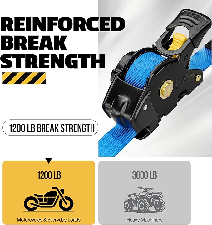 AUGO Retractable Ratchet Straps | 4 Heavy Duty Ratchet Straps Self Retractable Tie Downs with Soft Loops & Storage Bag for Motorcycle, Truck, Trailer, Cargo Van | 1200 Lb Break Strength 1” x 10’