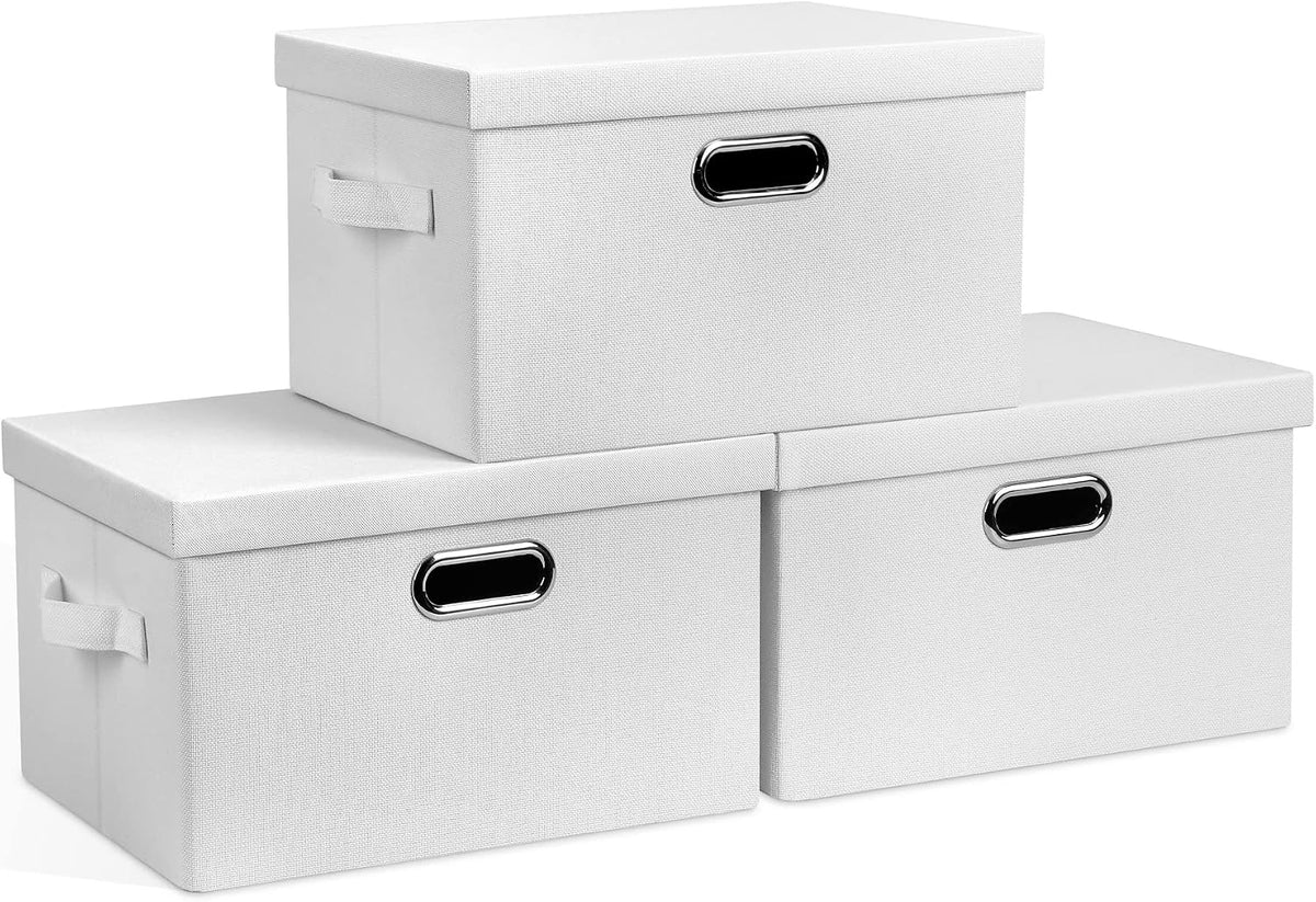 Graciadeco Large 17" 36 Quart Collapsible Stackable Storage Bins with Lids, 3 Packs Black Linen Fabric Closet Boxes with Lids, Storage Cube Baskets Container Organizers for Bedroom Office(17 x12 x11)