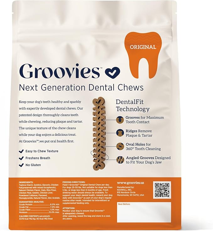 Groovies Flexible Dog Dental Chews with Patented DentalFit Technology to Help Support Tartar Control & Fresh Breath, Large Dog Chews for 25-50 lb Dogs, USA Manufactured Oral Care, 27 Chews