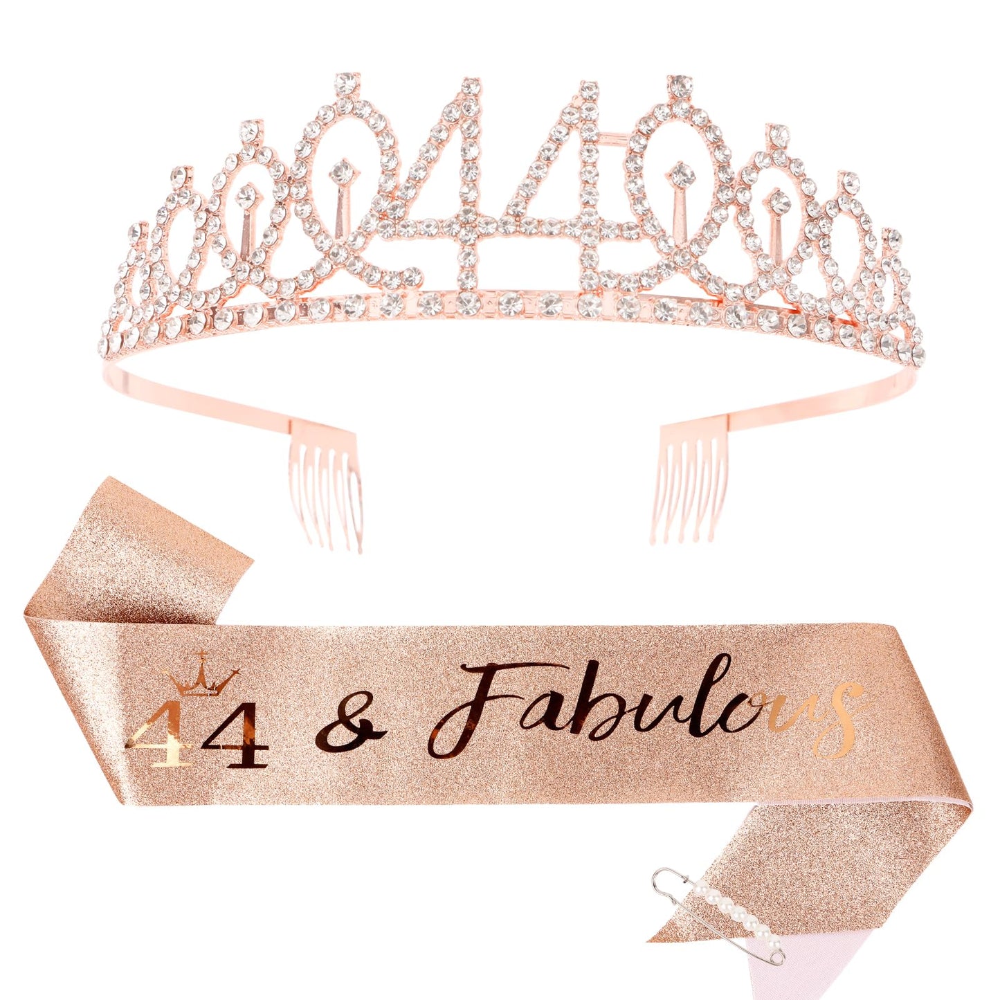 Cieher 44Th Birthday Crown + 44Th Birthday Sash + Pearl Pin Set, 44 & Fabulous Birthday Sash, 44 Birthday Tiara, 44Th Birthday D