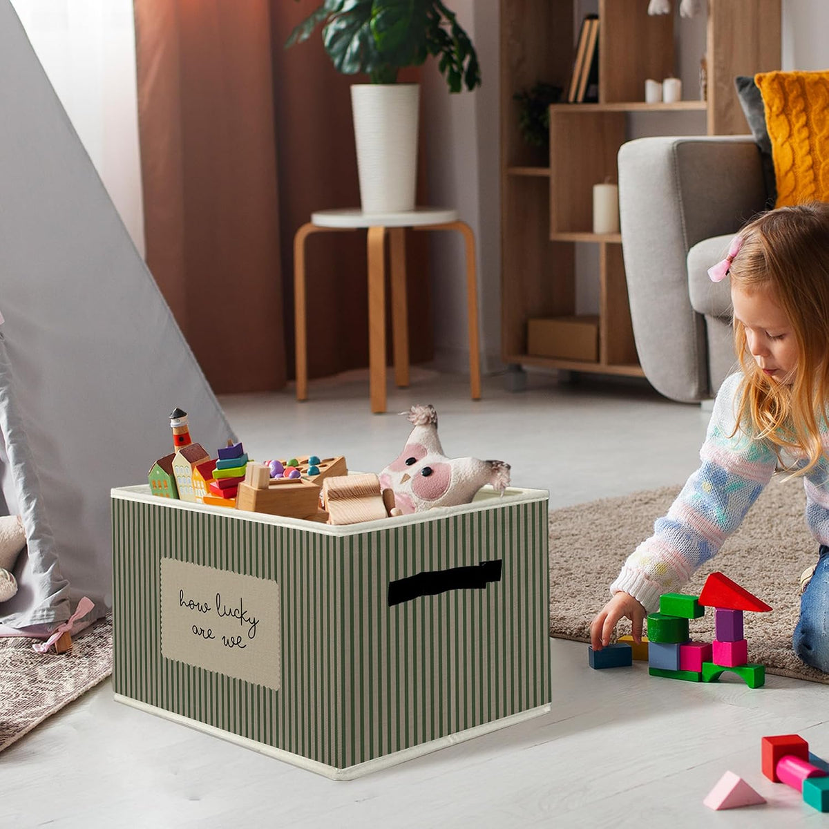 Inspirational Storage Bins & Boxes with Handles, How Lucky Are We Foldable Basket for Organizing, Green Striped Motivational Collapsible Storage Basket for Bedroom Bathroom Clothes Toys Books