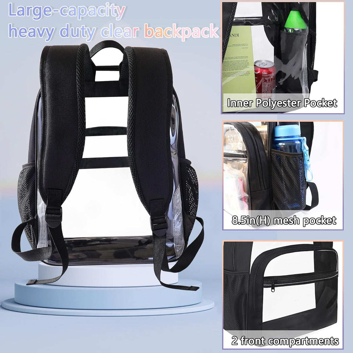 Skiennix Clear Backpack - Heavy Duty Transparent Bookbag for School | 18-Inch Black PVC Design