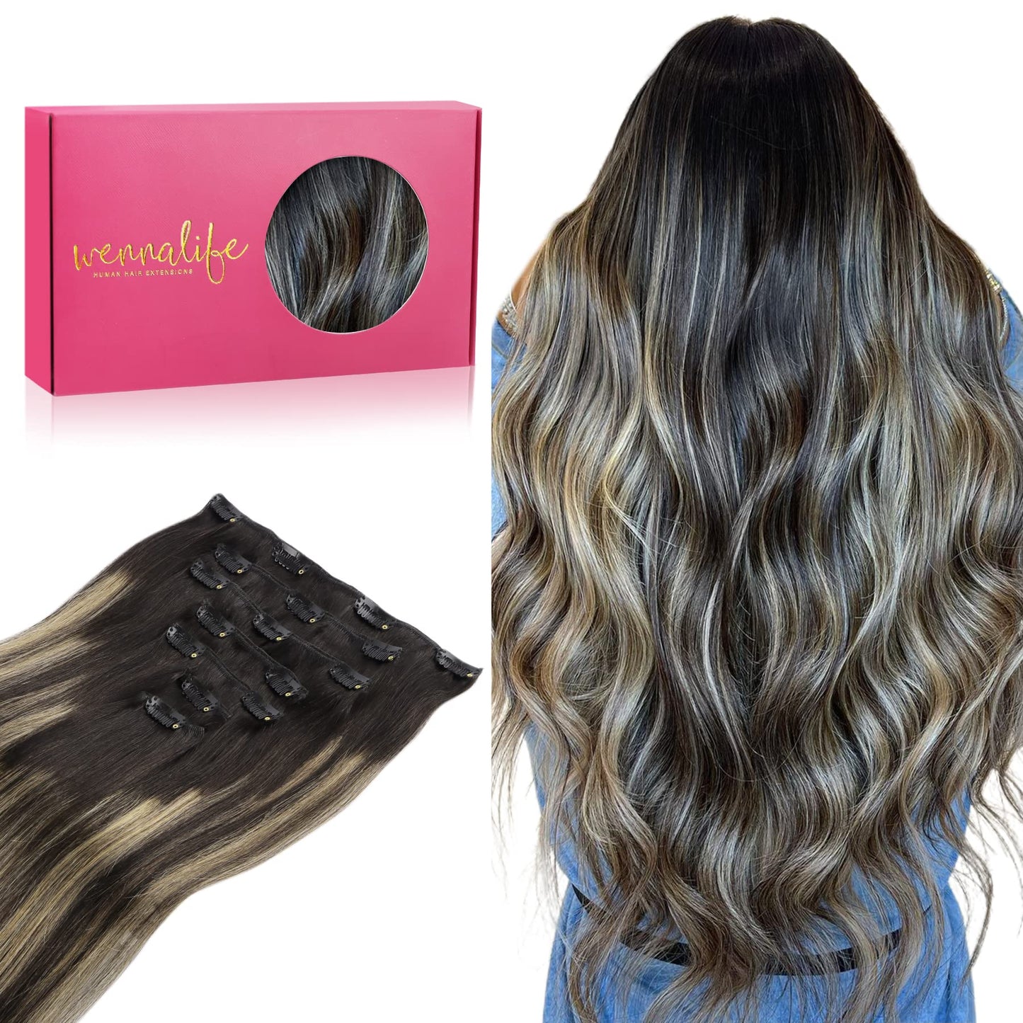 Wennalife Clip In Human Hair Extensions, 24 Inch 120G 7Pcs Balayage Natural Black To Light Blonde Hair Extensions Real Human Hai