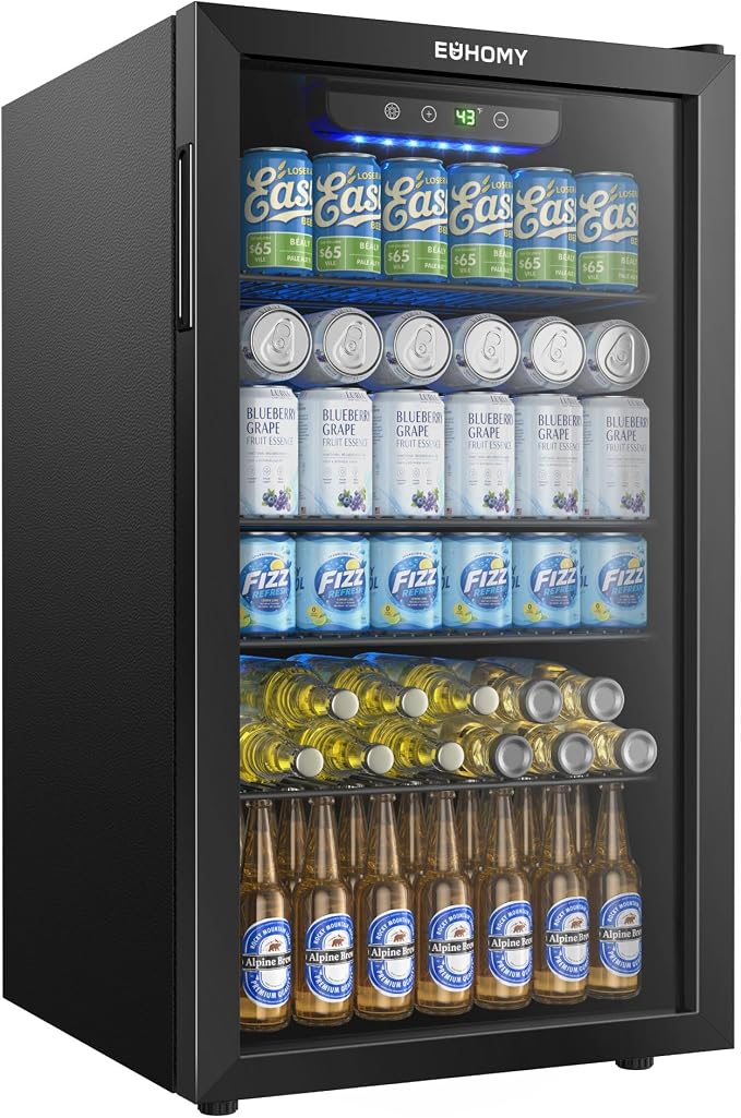 EUHOMY Beverage Refrigerator and Cooler, 128 Can Mini fridge with Glass Door, Small Refrigerator with Removable Shelves for Soda Beer or Wine, Home/Bar/Office, Black