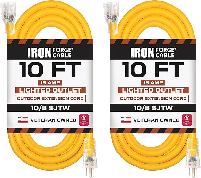 Iron Forge Cable Outdoor Extension Cord 10 Ft, 2 Packs - 10 Gauge Heavy Duty Extension Cord, 15 AMP, 10/3 Yellow Cable SJTW Weatherproof with 3 Prong