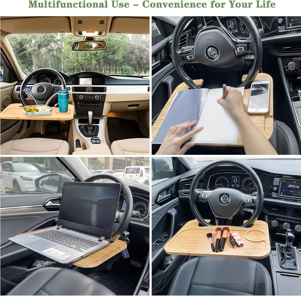Steering Wheel Tray Double Sided Bamboo Car Laptop Steering Wheel Desk Multifunctional Car Food Trays Car Table Steering Wheel Tray for Eating, Tablet, iPad or Notebook Travel Car Accessories