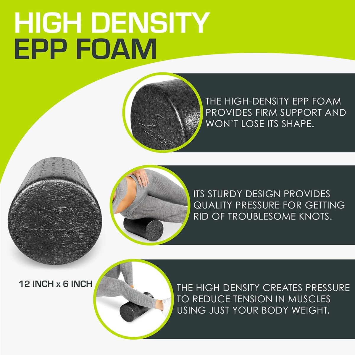 ProsourceFit High Density Foam Roller - 12-Inch Firm Massage Tool for Back Stretching & Muscle Recovery | Black