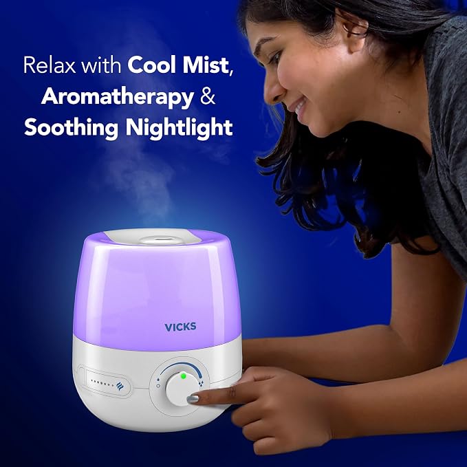 Vicks NaturalCare Cool Mist Ultrasonic Humidifier, Small Room Humidifier for Bedroom, Diffuser with Nighttime Light, Works with Vicks VapoPads, White