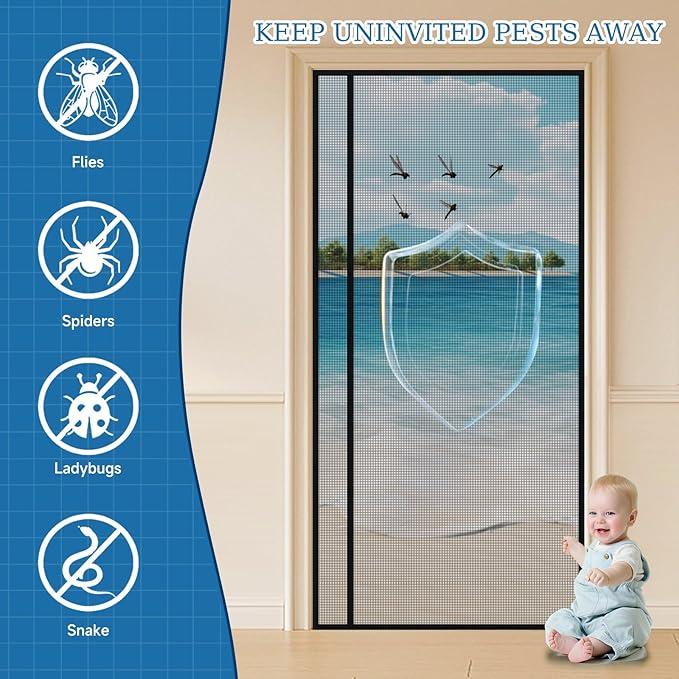 Magnetic Screen Door Mesh Left Right Side Opening Upgraded PET Material Mesh Stronger Than Fiberglass and Polyester,Keep Bugs Out,Pet & Kid Friendly Fit Door Size 74"X80",Screen Size 76''X82''