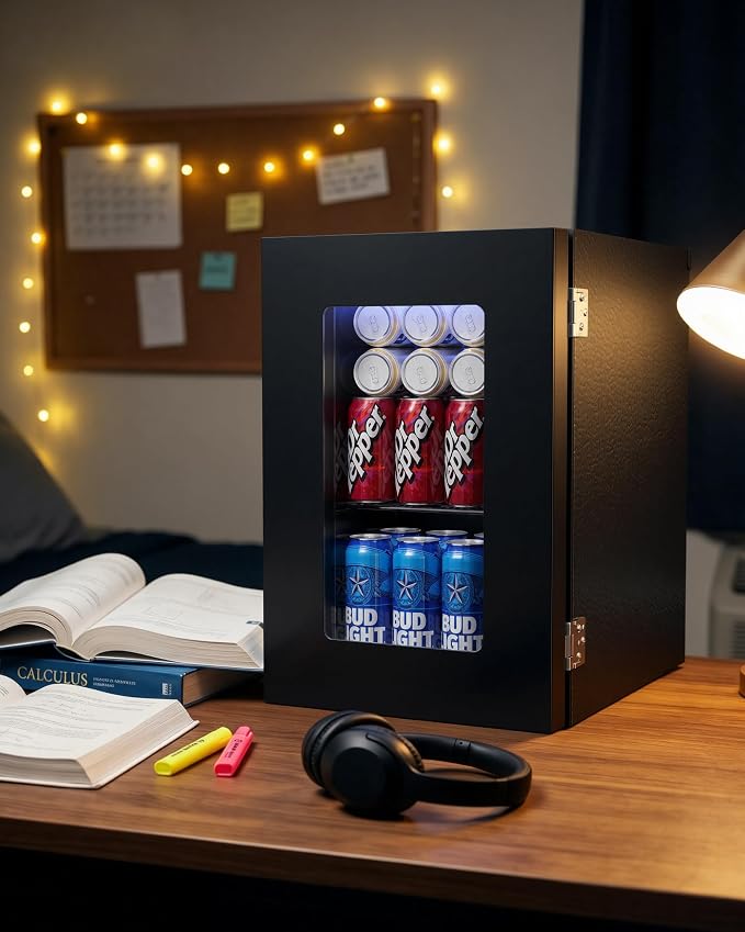 0.6 Cu.ft Beverage Cooler, Compressor Glass Door Mini Fridge 40-61°F Black | Freestanding for Office & Bedroom, Quiet Compressor, Low Energy Use, Holds Soda, Beer & Canned Drinks