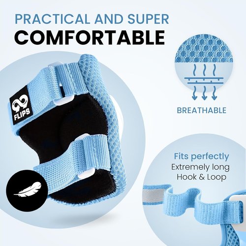 99FLIPS Kids Knee and Elbow Pads Set - Lightweight Skateboard Protective Gear - Size SM Light Blue