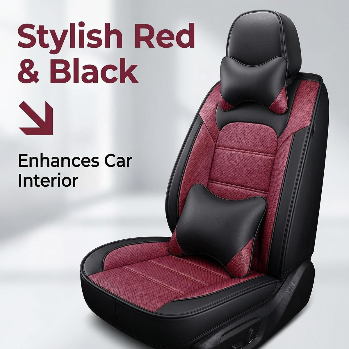 YQ Faux Leather Seat Covers Black Red Full Set w/ 2 Pillows Universal 2 Row