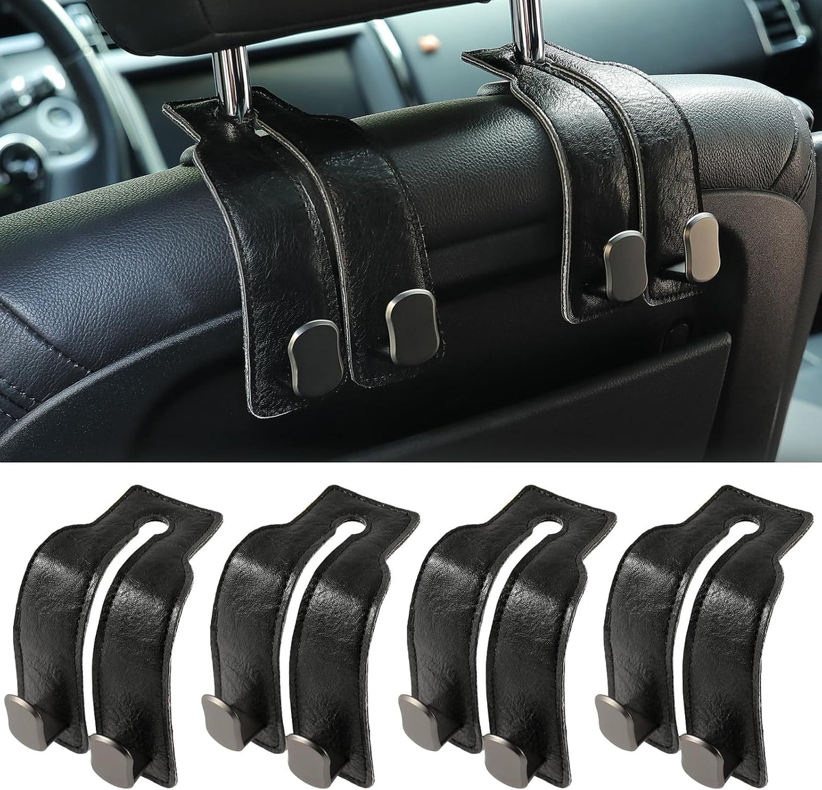 KINIVA Car Seat Headrest Storage Hooks, Set of 2, Suede PU Leather, Double Hooks (Brown-4 Pack)