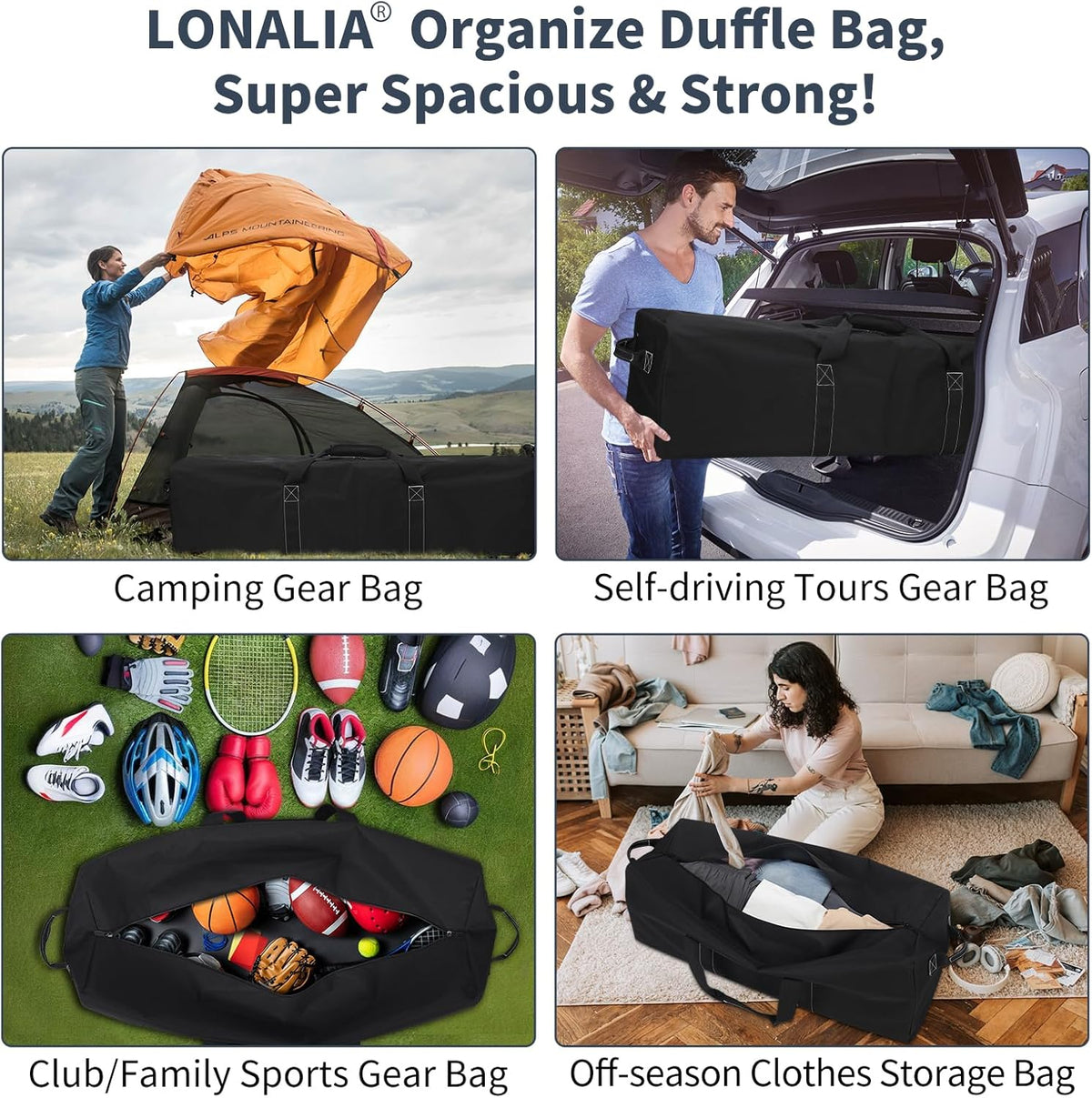 Skiennix 48 Inch Duffle Bag - Extra Large 165L Heavy Duty Travel & Camping Storage Bag | Black