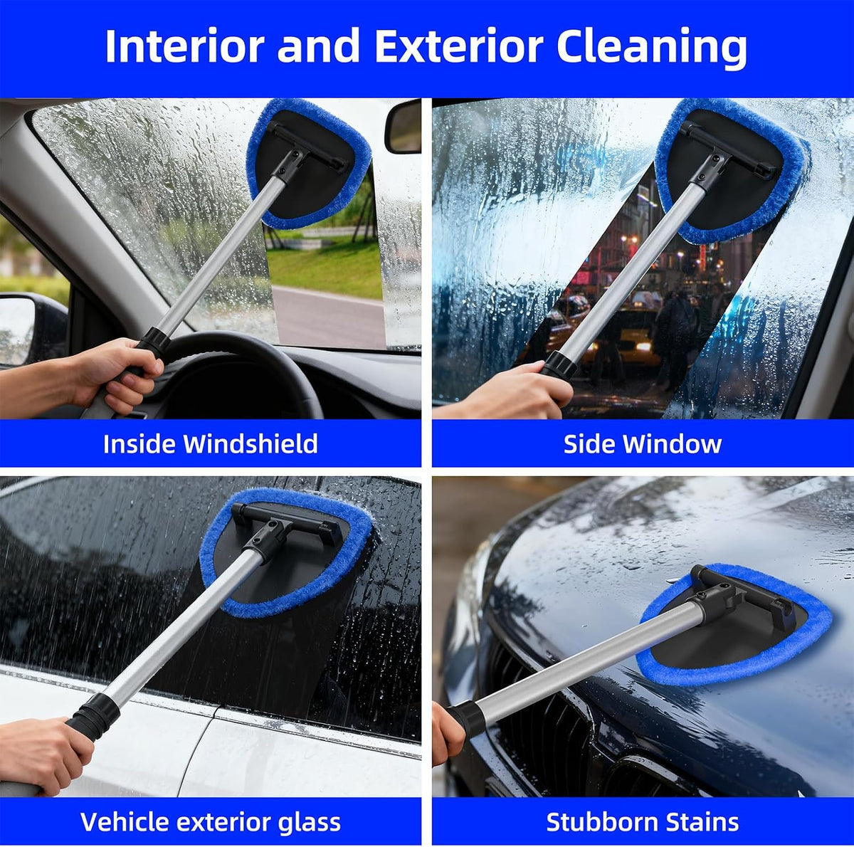 desin Windshield Cleaning Tool, Car Window Cleaner Windshield Cleaner with 4 Reusable and Washable Microfiber Pads and Extendable Handle Auto Inside Glass Wiper Kit