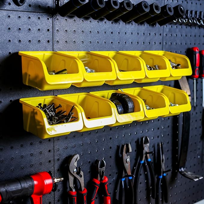 WALLPEG 36 Pack Pegboard Bin Kit – 18 Medium & 18 Large Yellow Peg Board Storage Bins | Parts Organizer for Garage, Workshop, Craft Room, Office & Workbench | Pegboard Accessory Organier | MADE IN USA
