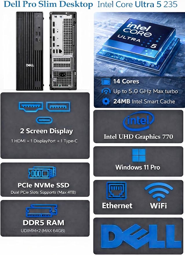 Dell Pro Slim QCS1250 Business Desktop Computer, Intel Core Ultra 5 235(Beats i7-12700), 32GB DDR5, 1TB PCIe SSD, Dual 4K Monitor Support, USB-C, HDMI, RJ-45, Wi-Fi, Wired KB & Mouse, Win 11 Pro