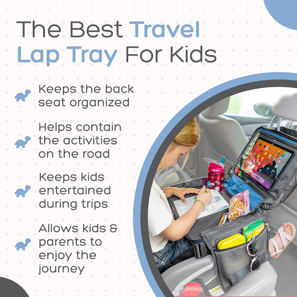 BE Family Travel Kids Car Seat Travel Organizer, Car Accessories for Children, Car Seat Snack Tray, Traveling Essentials for Kids, Toddler Lap Tray for Engaging Activities, Multipurpose Design, Blue