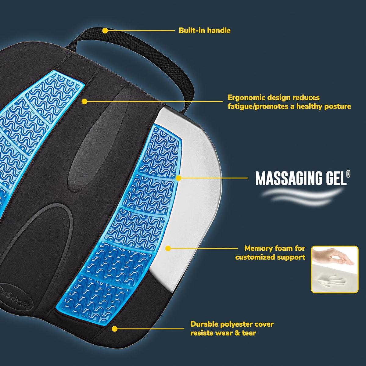Dr. Scholl’s Massaging Gel Posterior Seat Cushion for Car, Office, Home — Black