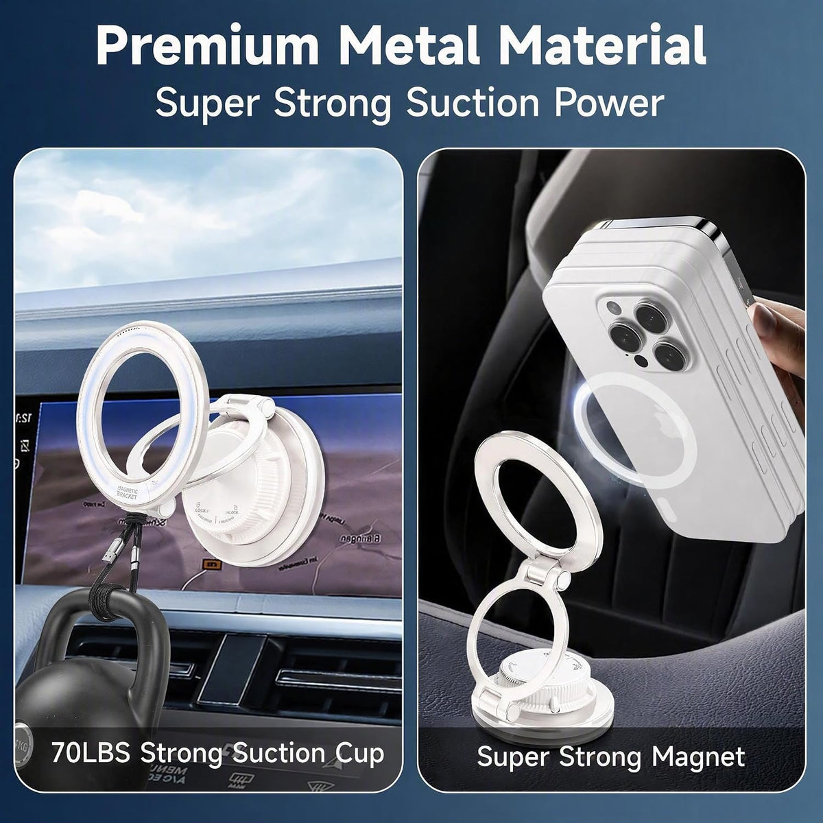 Car Phone Holder, 360° Adjustable Suction Cup Universal Phone Mount, Multi-Scene for Car Office Gym Home, Compatible with iPhone 17/16 Pro Max & Other Magnetic Phones (White)