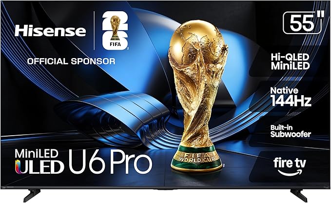 Hisense 55" U6 Pro Series Mini‑LED ULED 4K UHD HDR Gaming AI Smart Fire TV (55U6SF Pro, 2026 New) – Hi-QLED, Native 144Hz, Motion Rate 480, Dolby Vision IQ,· Atmos, HDR10+, Glare-Free, Alexa+