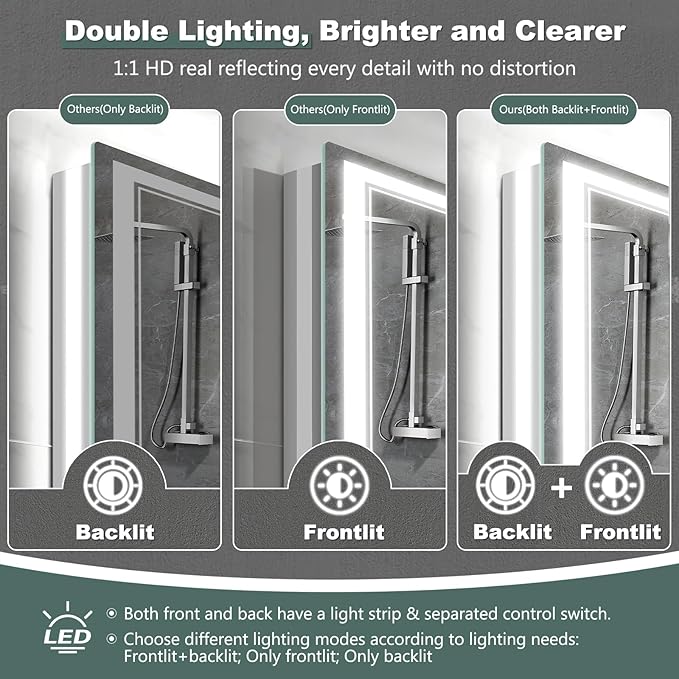 LED Bathroom Mirror with Lights: 60"x36" Wall Mounted Large Lighted Mirrors Fogless, Anti-Fog,Dimmable,Memory Function, Shatterproof Tempered Glass, Espejos para Baños, ETL Listed