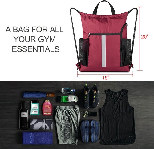 BeeGreen Gym Sack - Heavy Duty Drawstring Bag with Shoe Compartment & Two Water Bottle Holders | Unisex