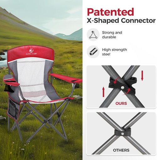 ALPHA CAMP Oversized Mesh Back Camping Chair - Heavy Duty 350 LBS Support | Portable Red Quad Chair with Cup Holder