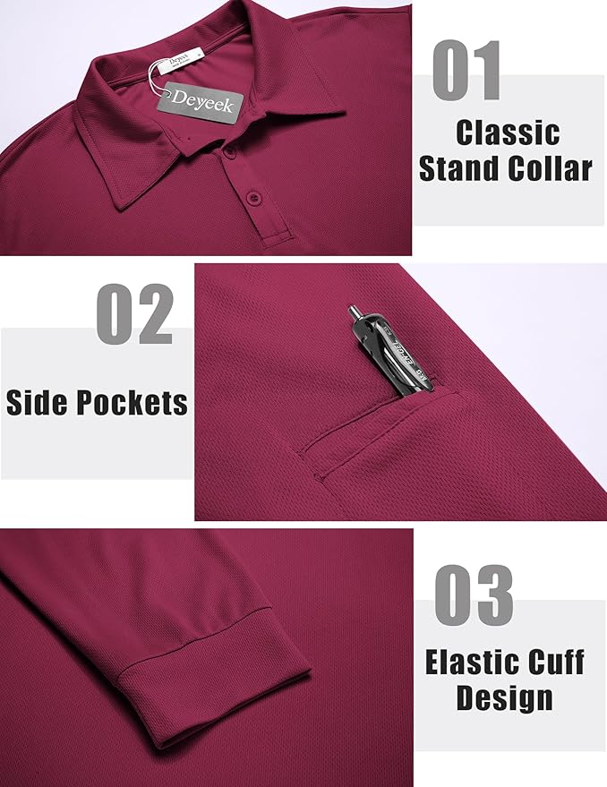 Deyeek Men's Polo Shirts Long Sleeve Golf Polo Shirts for Men Quick Dry UPF 50+ Sun Protection Polos Casual Collared Shirts