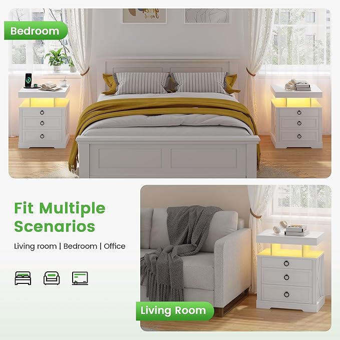 HNEBC Night Stand with Gun Drawers, Farmhouse Nightstand with Charging Station, Secret Bedside tabel with 3 Color Auto Light, Smart End Table with Hidden Storage for Bedroom Furniture-White