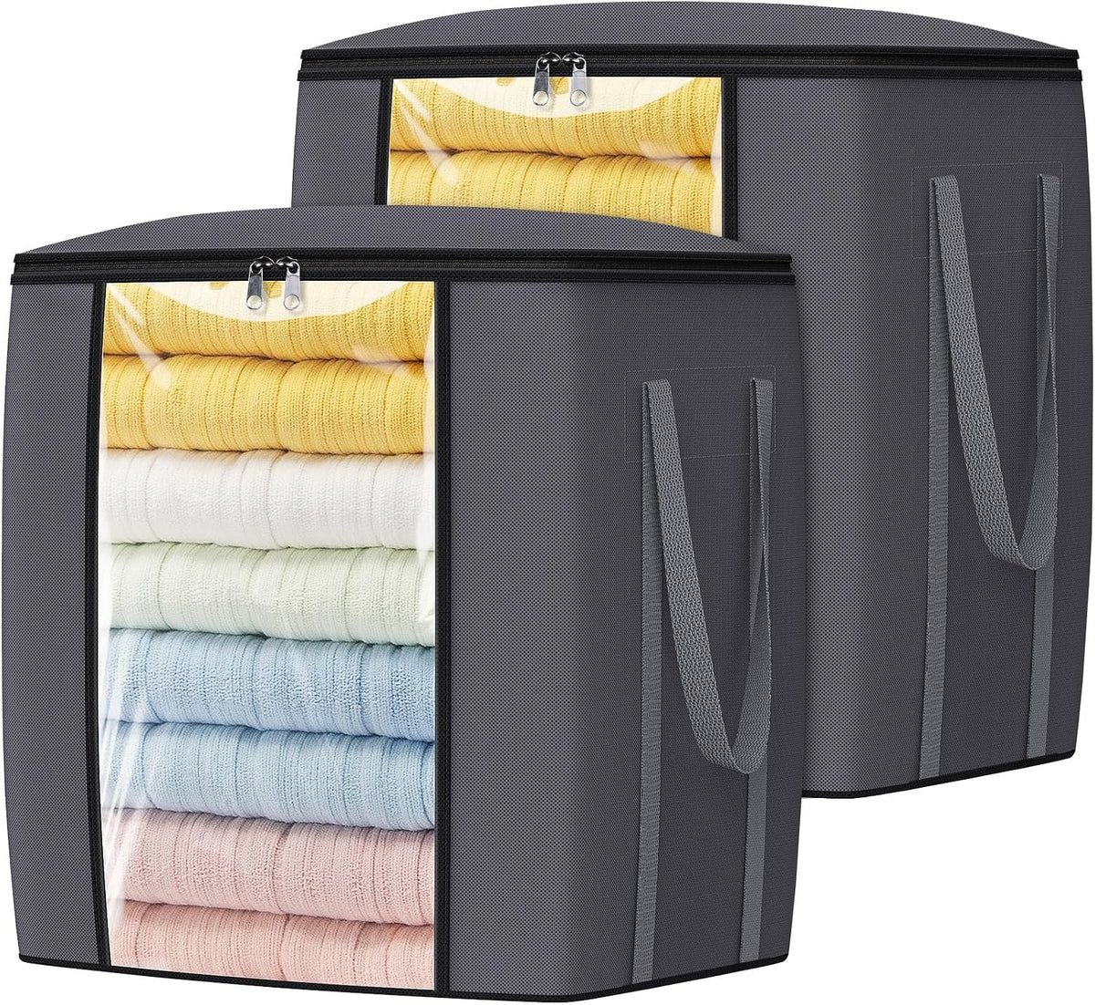 TasticTotes 120L Extra Large Clothes Storage Bags, Foldable Blanket Storage and Organization, Thick Fabric Containers with Reinforced Handles & Zippers for Clothing, Comforters, Bedding, Gray, 2 Pack