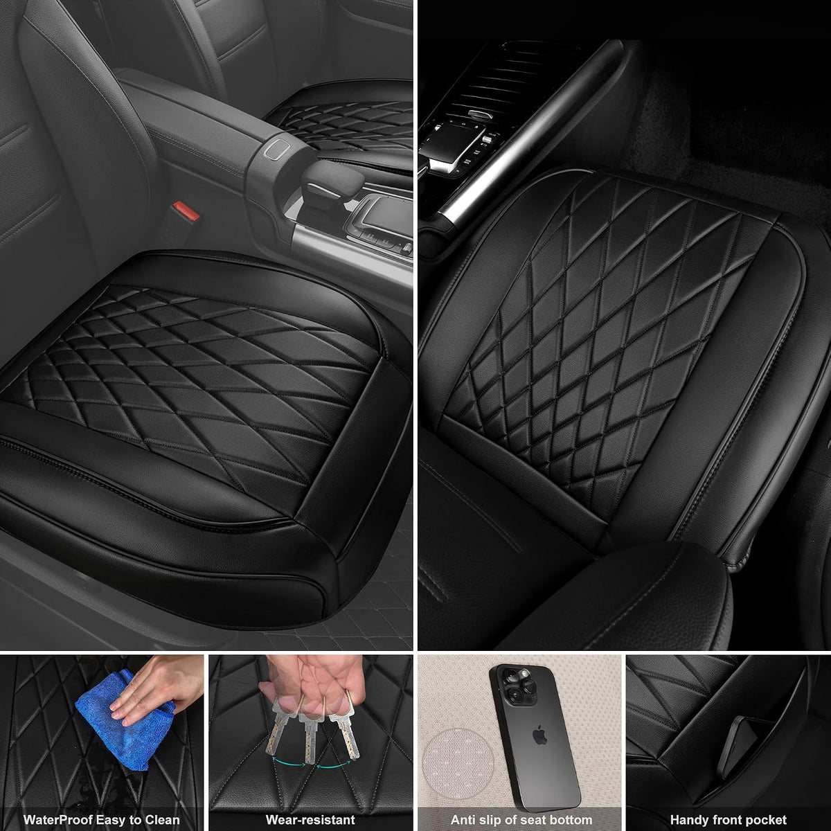 CAR PASS 2 Pack Leather Front Car Seat Covers, Bottom Seat Covers Full Wrapped with Storage Pocket, Anti-Slip Leather Seat Protectors,Waterproof Seat Cushion Pad Universal Fit Sedan SUV Truck, Black