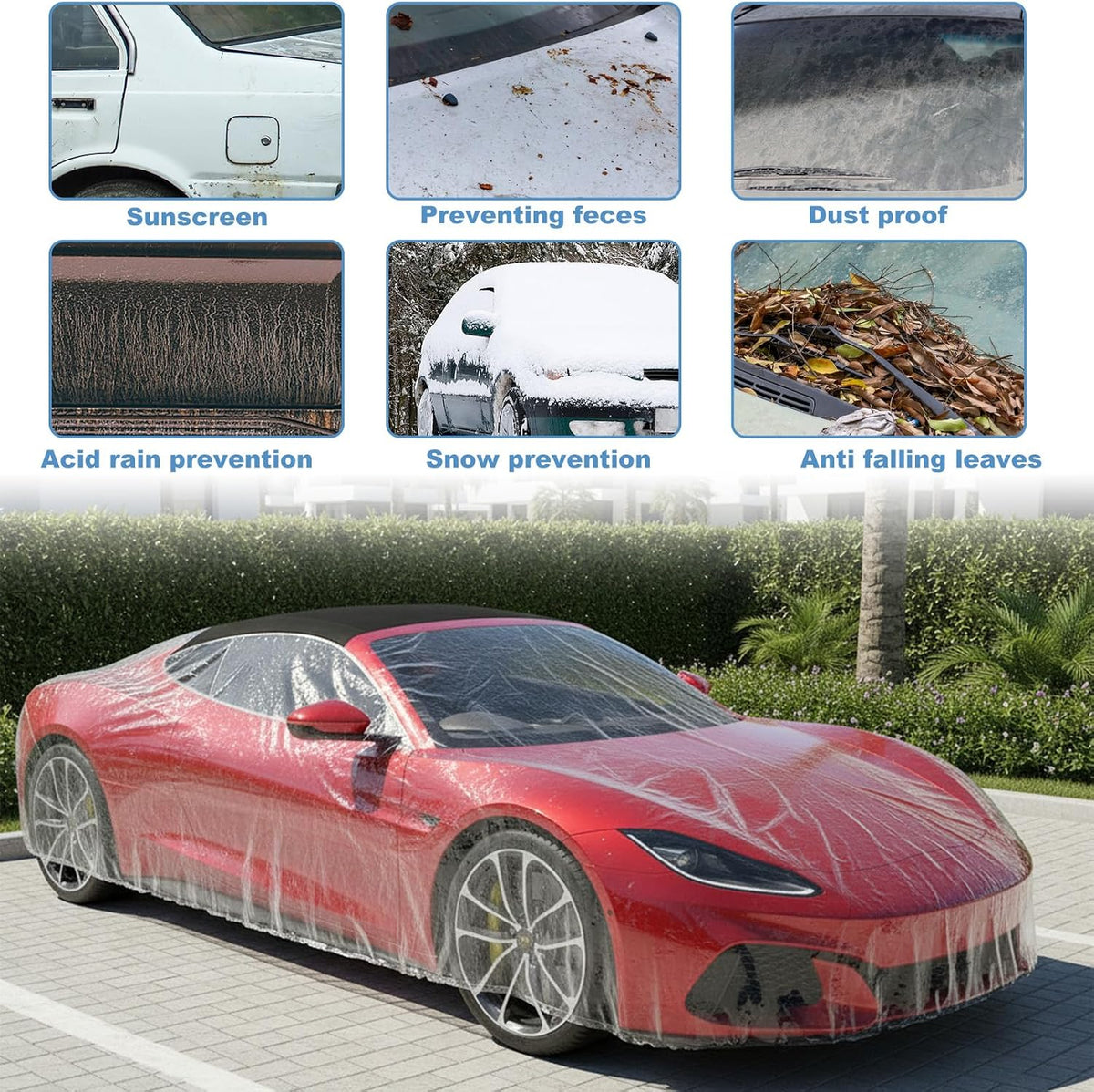 Sibba 5 Pack Disposable Car Covers, Plastic Car Cover Universal Waterproof Clear Cars Covers Vehicle Cars Cover with Elastic Bands for Sedan Outdoor Snow Rain Weather (12.4 ft x 21.6 ft)