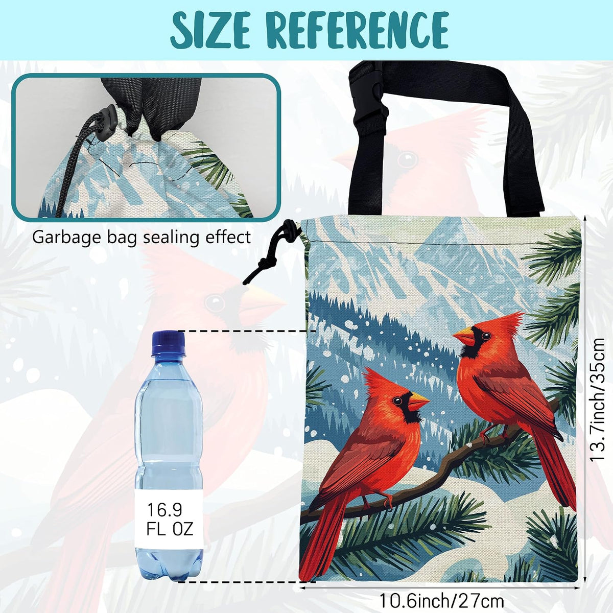 Red Cardinals Pine Branch Car Garbage Bag Snowy Mountain Hanging Canvas Car Trash Bag Drawstring Car Back Seat Organizer for Car Back Front Seat Console with Adjustable Buckle