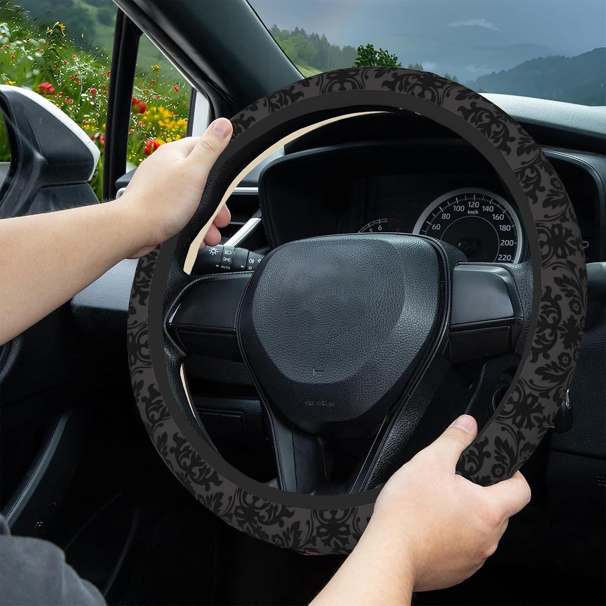 Vintage Black Floral Steering Wheel Covers Universal 15 Inch Car Wheel Cover,Anti-Slip Breathable Car Accessories Protector Fit for Trucks,Sedans,SUVs,Vans