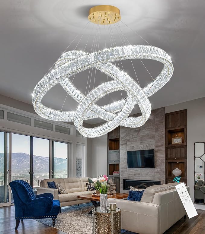 HAIXIANG Large Glam Chandelier Crystal LED 3 Rings Chandeliers Adjustable