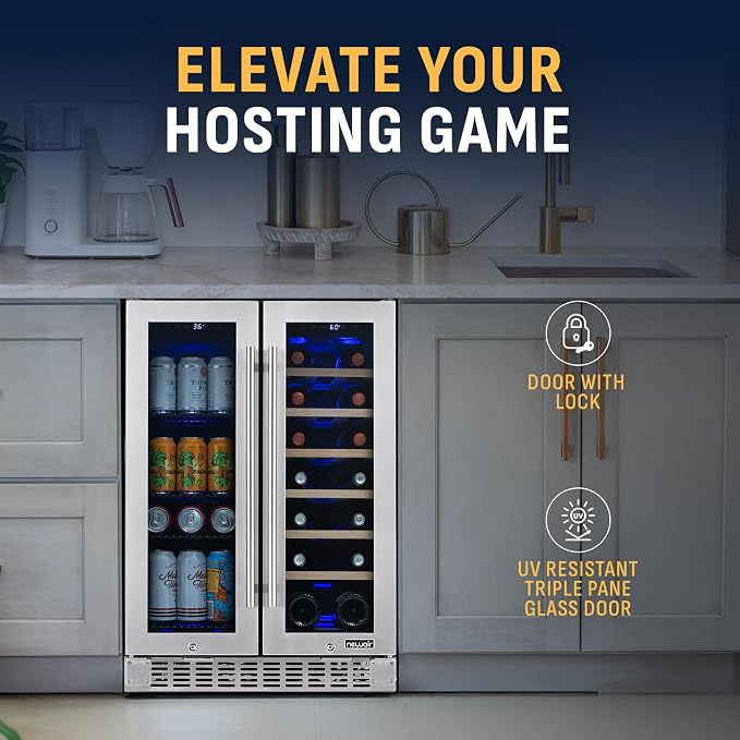 NewAir 24" Dual Zone Beverage Refrigerator & Wine Cooler for 18 Bottles & 60 Cans | Freestanding or Built-In Under Counter Mini Fridge for Beer, Wine and Soda | Stainless Steel