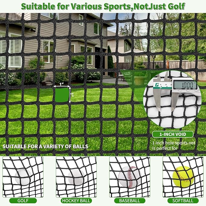 AKOZLIN Heavy Duty Sports Golf Netting Hitting Net 1" Square mesh for Softball,Baseball 10x10ft/10x15ft/10x20ft