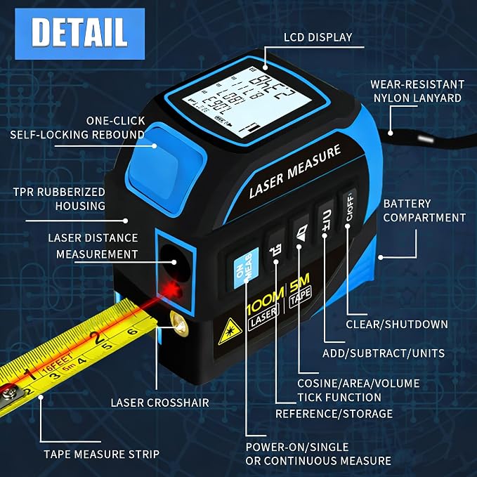 4-in-1 Laser Tape Measure 328FT, Digital Laser Distance Meter, 16FT Steel Tape