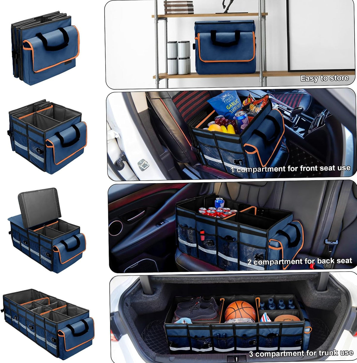 GDNasist Car Trunk Organizer and Storage with Removable Leakproof Cooler Bag, 6 Removable Dividers for Custom Space, Collapsible Trunk Storage with Non Slip Bottom, Foldable Cover for SUV, Jeep, MPVs