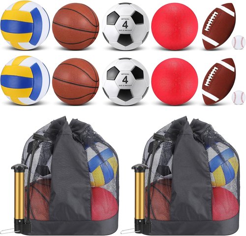 Deekin 12-Piece Sport Ball Set for Kids - Official Size Basketball, Football, Volleyball & More | Includes Bag & Pump