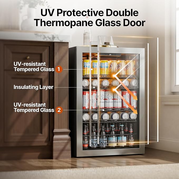 Ca'Lefort 155 Cans Mini Fridge, Beverage Refrigerator Cooler for Drink/Beer | 4.59 Cu.ft, Low-noise, Reversible Glass Door, 3-Color LED Lighting, Adjustable Shelves, 34℉ to 54℉ | Home Dorm Office Kitchen