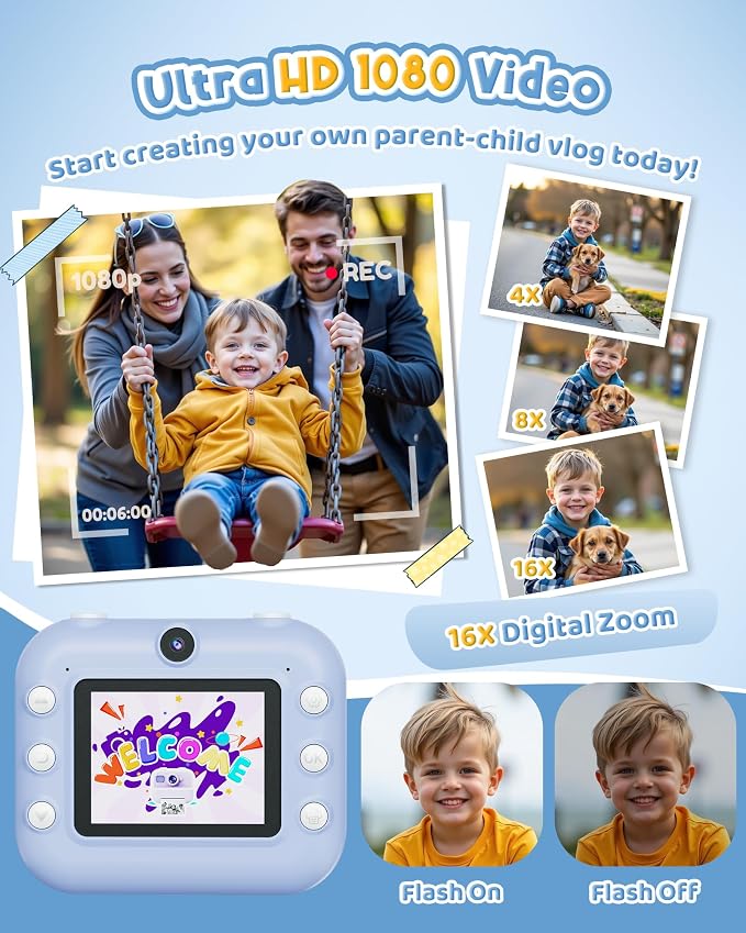 Instant Camera, Front Rear Dual Selfie Kids Camera