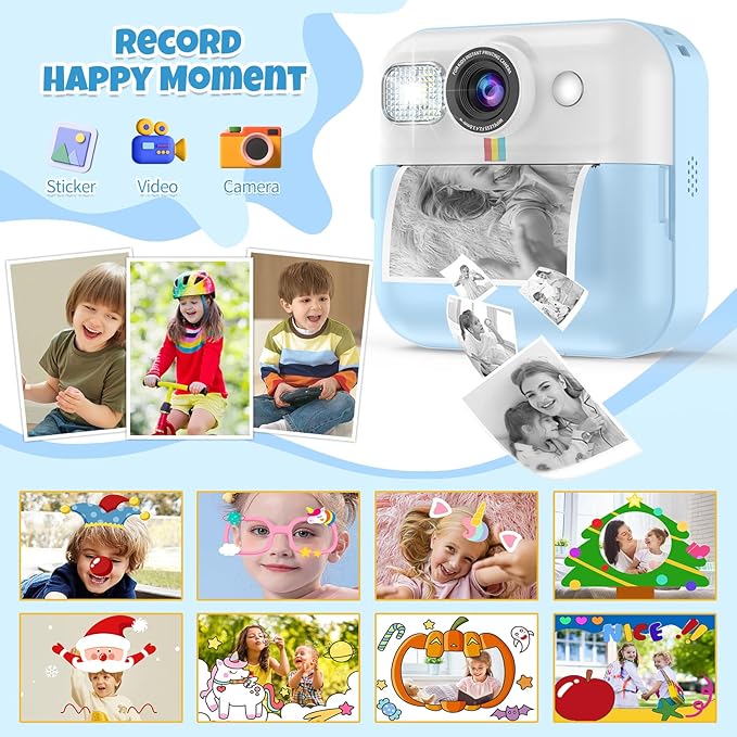 Kid Camera for Boys, Portable Toddler Blue Printing Camera Toy 1080P Video