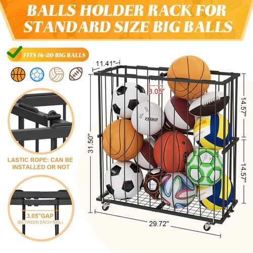 Hencawima Ball Storage Rack - Freestanding Organizer for Basketball, Soccer & More | Black