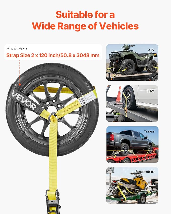 VEVOR Wheel Chock Tie-Down Kit, Tire-Style Tow Dolly Strap, Car Tie Down Kit with Heavy-Duty Hook, Break Strength 10009 lbs & Working Load 3333 lbs Motorcycle System for ATV, SUV, Snowmobiles
