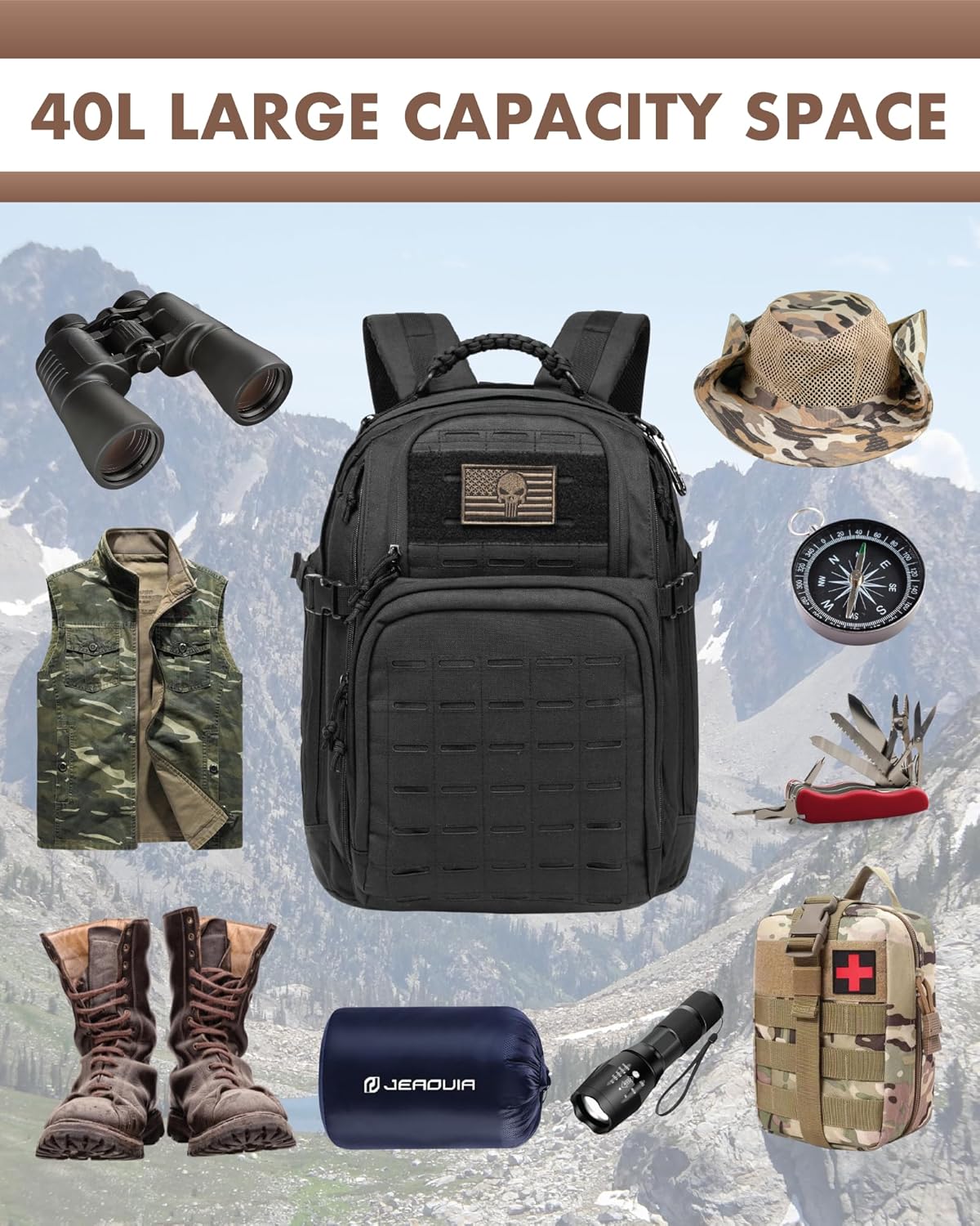 TRAILKICKER Military Tactical Backpack - 40L Lightweight EDC Daypack for Hiking & Camping | Black